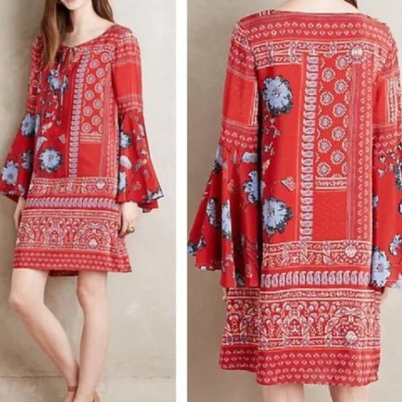 Anthropologie | Dresses | Anthropologie Vanessa Virginia Isabelle Red Silk  Floral Bell Sleeves Size 2 | Poshmark